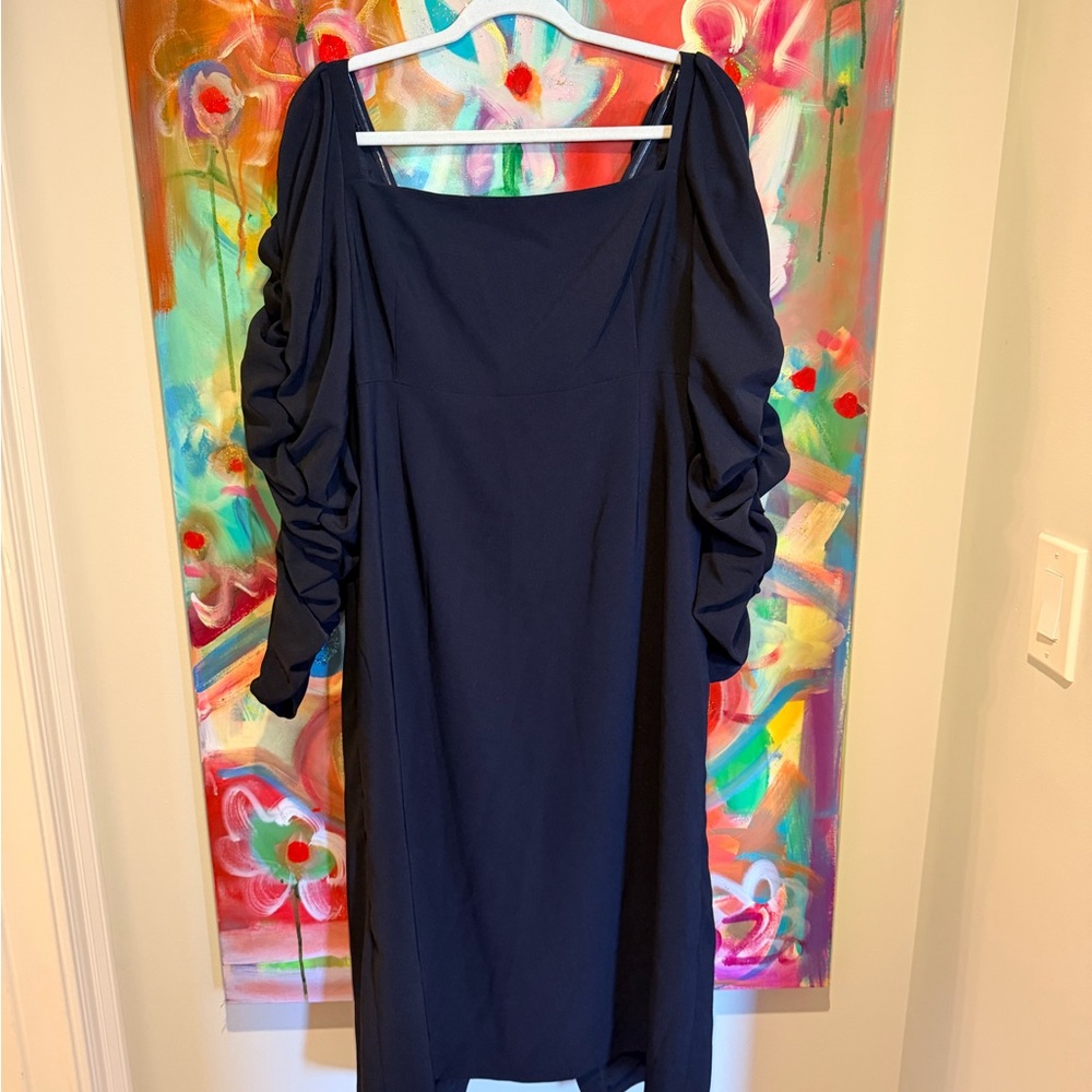 ANTONIO MELANI Navy Square Neck Dress with Ruched Long Sleeves
